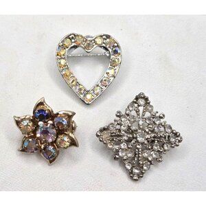 Set Of 3 Vintage Rhinestone Brooch Pins - Heart Floral & Diamond Shapes
